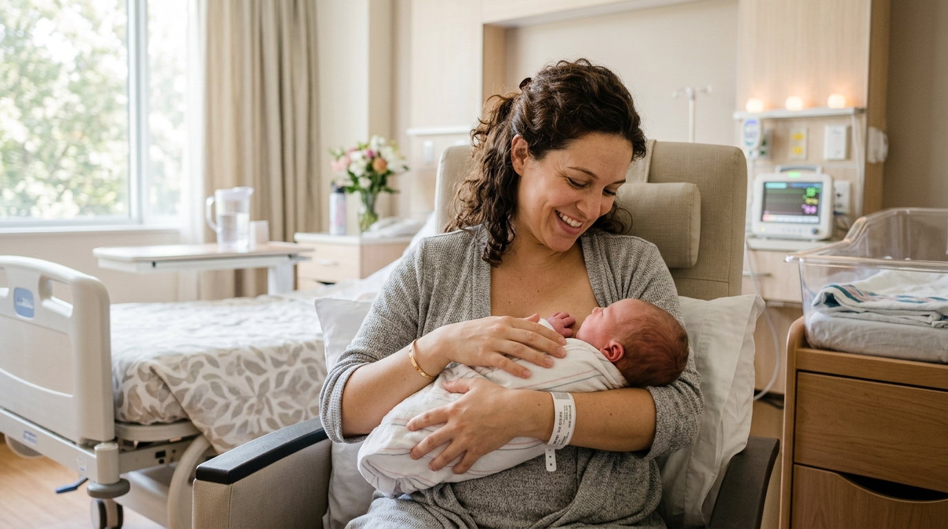 Mother holding healthy newborn after normal delivery